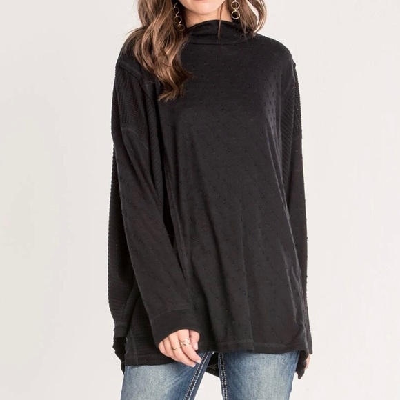 Miss Me Tops - Miss Me Oversized Jacquard Cowl Tunic Top Black